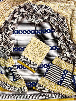 Yellow hand block printed cotton suit with kota doriya dupatta 1