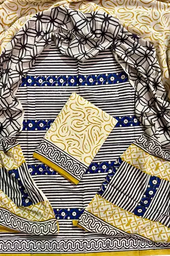 Yellow hand block printed cotton suit with kota doriya dupatta