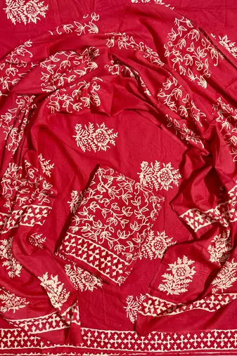 Red hand block printed cotton suit with kota doriya dupatta