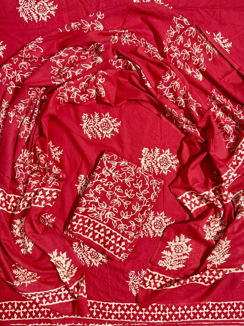 Red hand block printed cotton suit with kota doriya dupatta