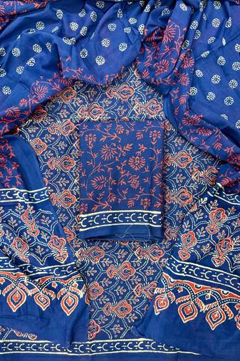 Blue hand block printed cotton suit with kota doriya dupatta