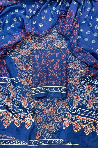 Blue hand block printed cotton suit with kota doriya dupatta