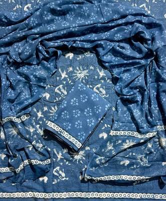 Blue hand block printed cotton suit with kota doriya dupatta 1