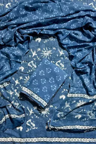 Blue hand block printed cotton suit with kota doriya dupatta