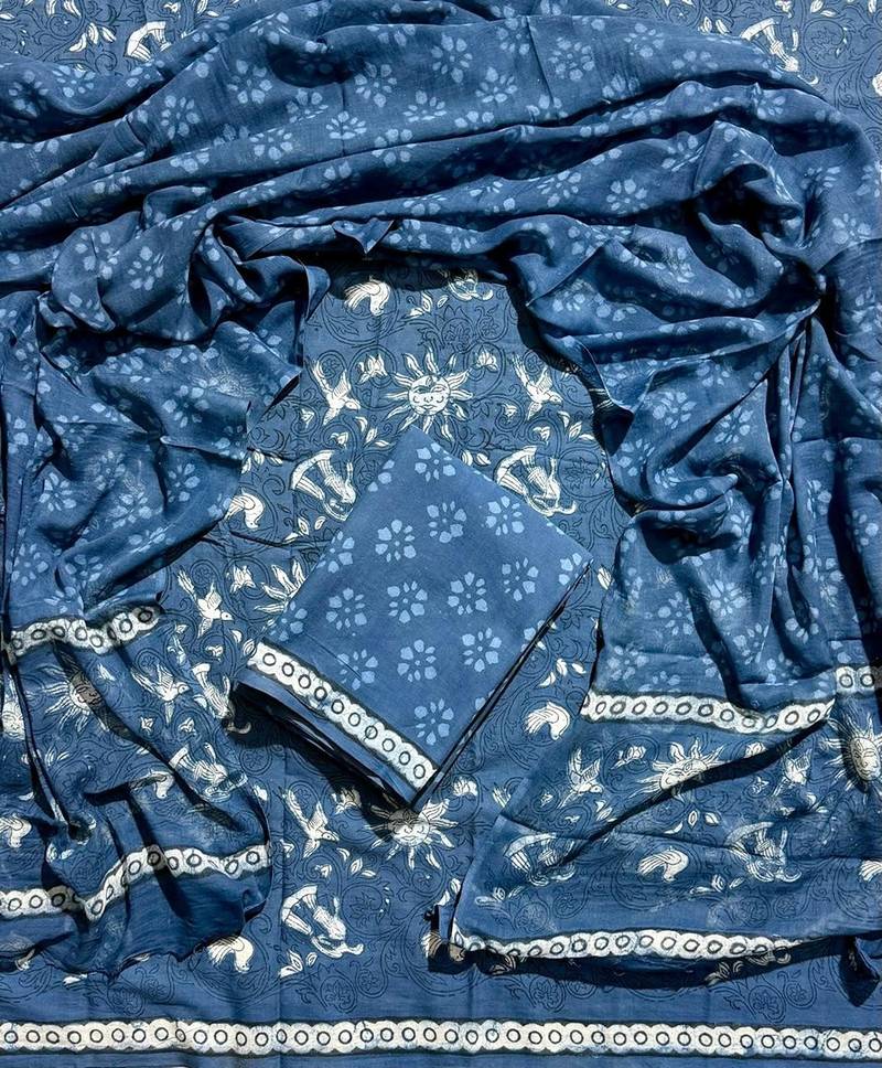 Blue hand block printed cotton suit with kota doriya dupatta