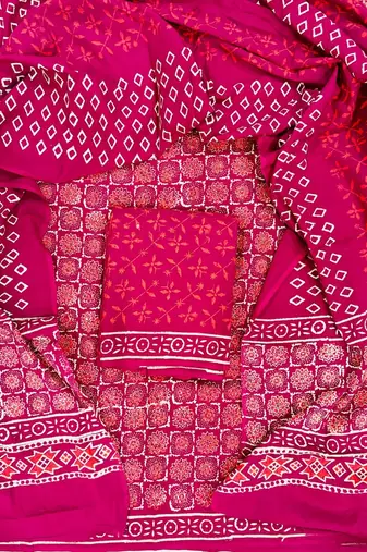 Pink hand block printed cotton suit with kota doriya dupatta