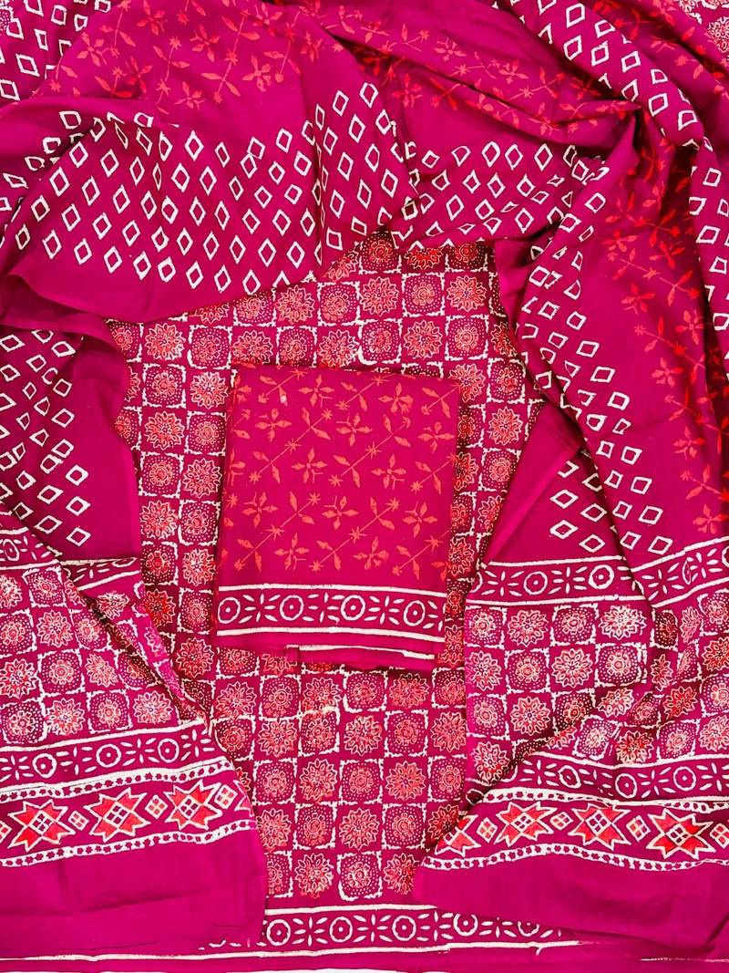 Pink hand block printed cotton suit with kota doriya dupatta
