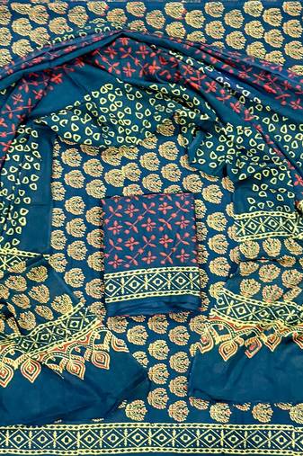Blue hand block printed cotton suit with kota doriya dupatta