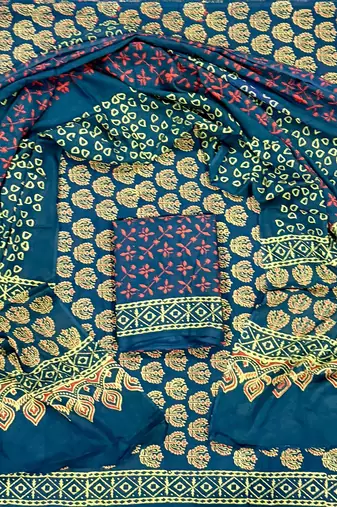 Blue hand block printed cotton suit with kota doriya dupatta