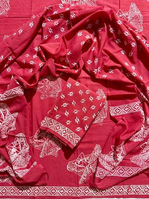 Red hand block printed cotton suit with kota doriya dupatta 1