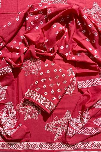 Red hand block printed cotton suit with kota doriya dupatta