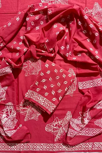Red hand block printed cotton suit with kota doriya dupatta