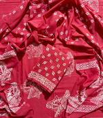 Red hand block printed cotton suit with kota doriya dupatta