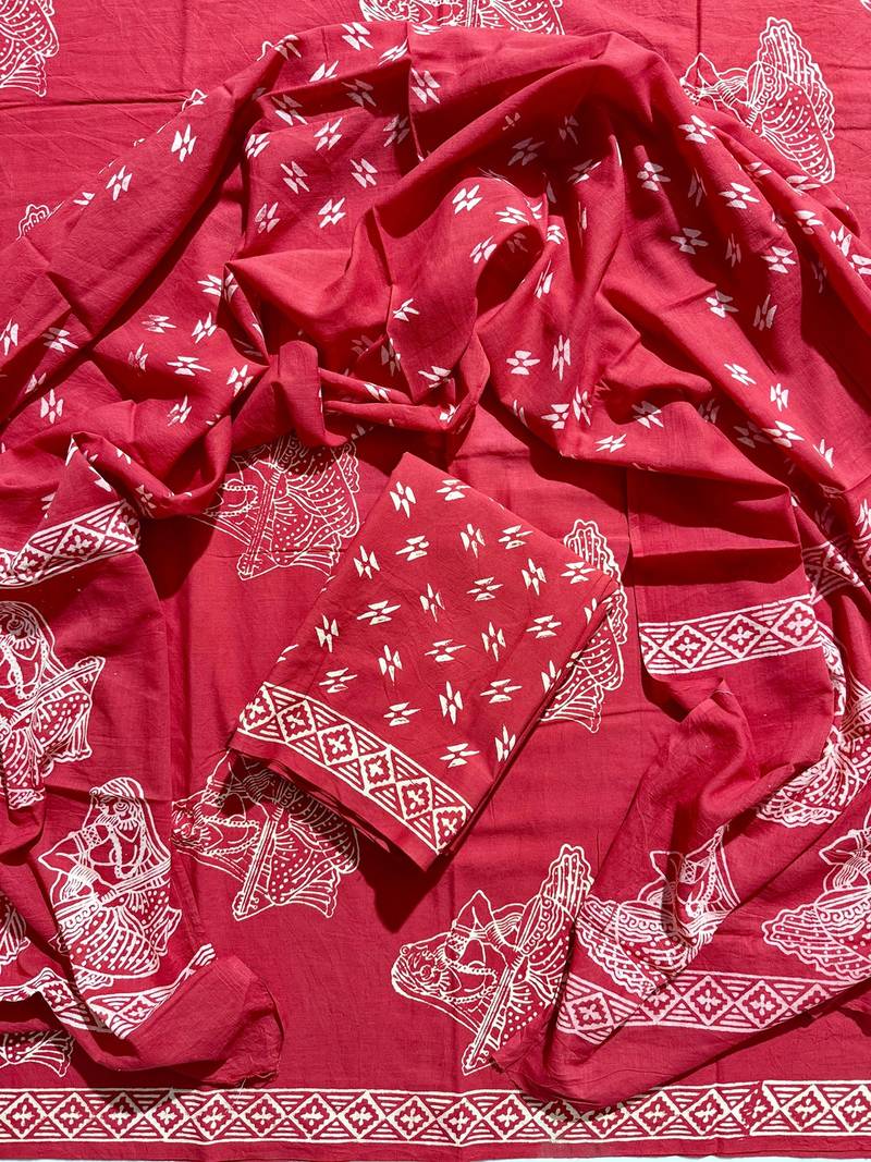 Red hand block printed cotton suit with kota doriya dupatta