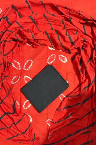 Red hand block printed cotton suit with kota doriya dupatta