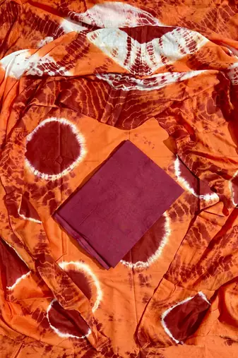 Orange hand block printed cotton suit with kota doriya dupatta