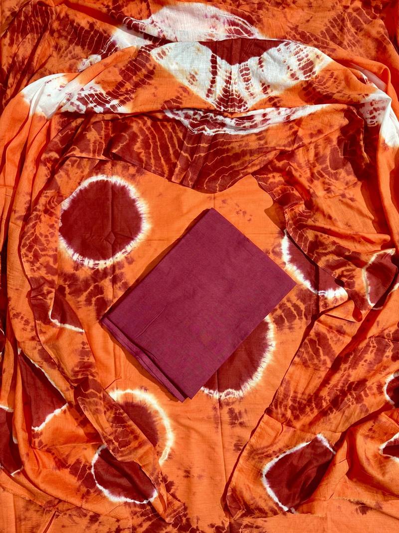 Orange hand block printed cotton suit with kota doriya dupatta