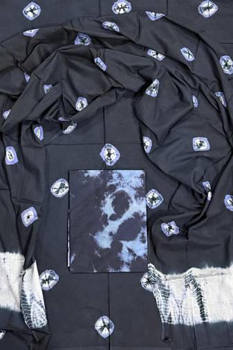 Black hand block printed cotton suit with kota doriya dupatta