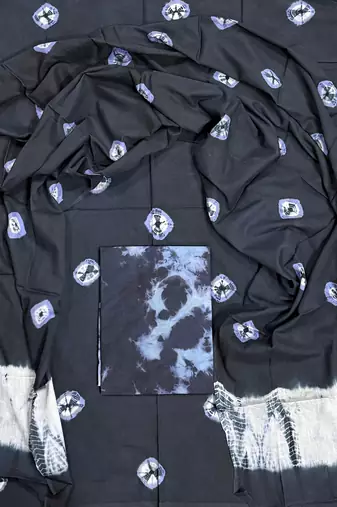 Black hand block printed cotton suit with kota doriya dupatta