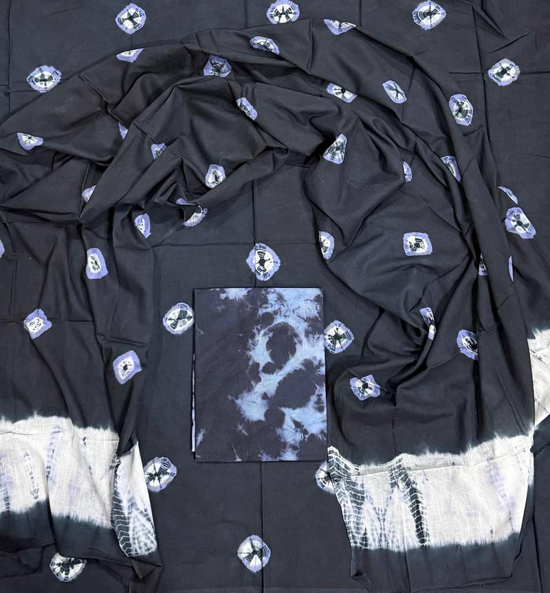 Black hand block printed cotton suit with kota doriya dupatta