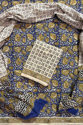 Multicolor hand block printed cotton suit with kota doriya dupatta
