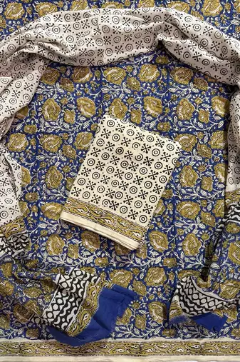 Multicolor hand block printed cotton suit with kota doriya dupatta