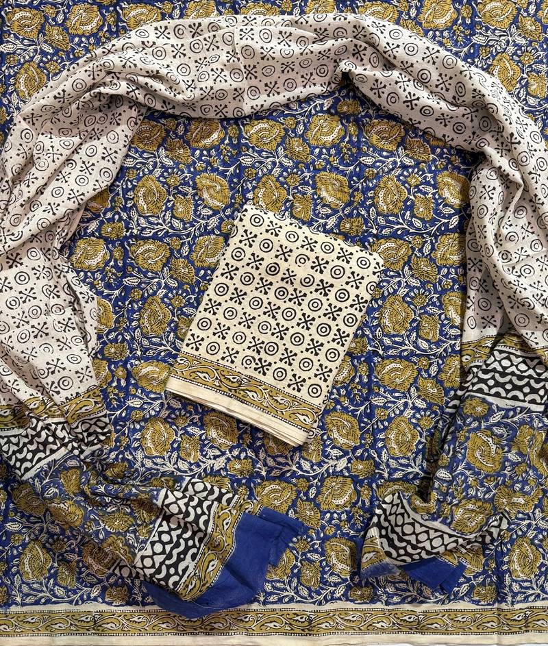 Multicolor hand block printed cotton suit with kota doriya dupatta