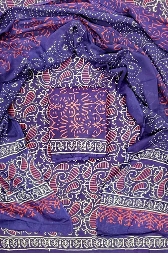 Blue hand block printed cotton suit with kota doriya dupatta