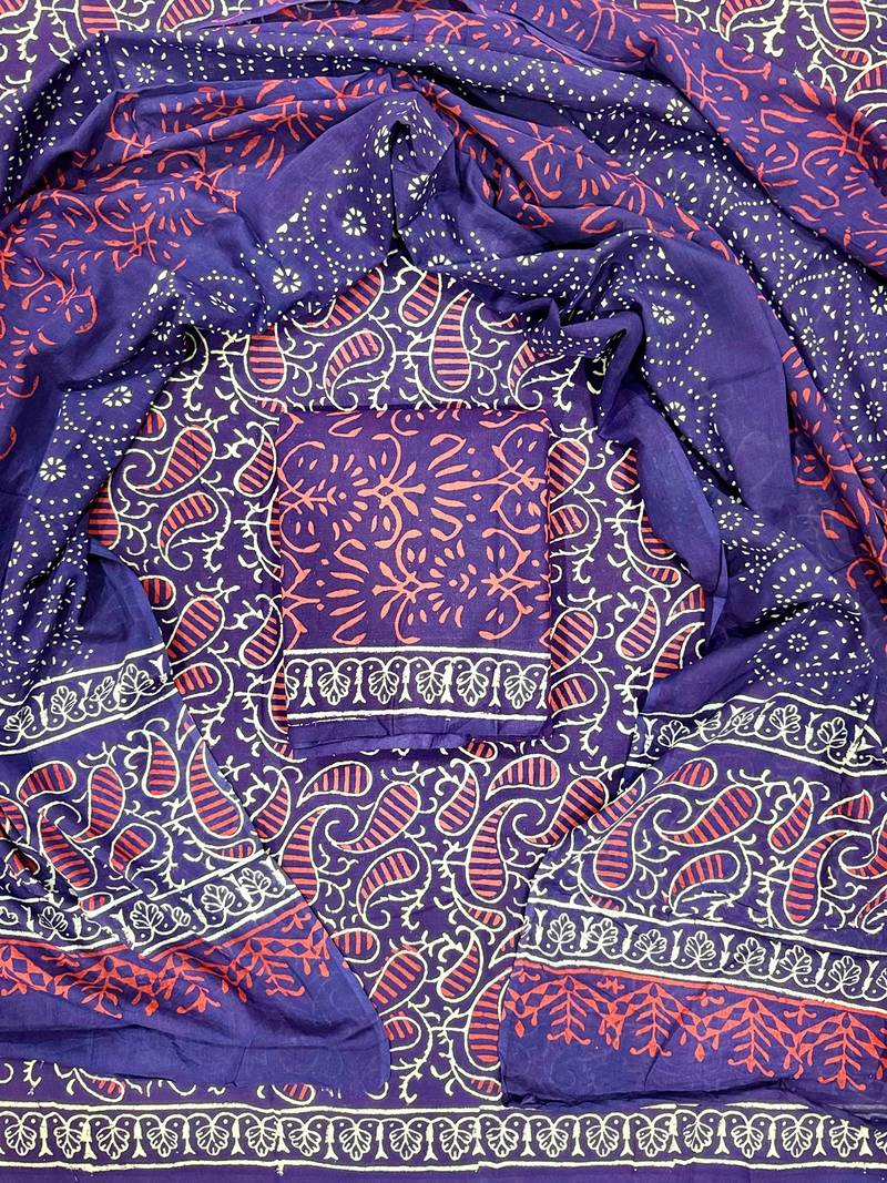 Blue hand block printed cotton suit with kota doriya dupatta