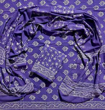 Blue hand block printed cotton suit with kota doriya dupatta 1
