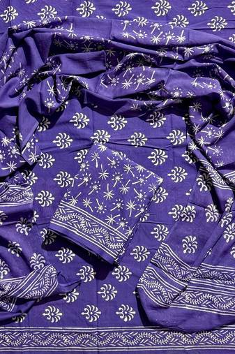 Blue hand block printed cotton suit with kota doriya dupatta