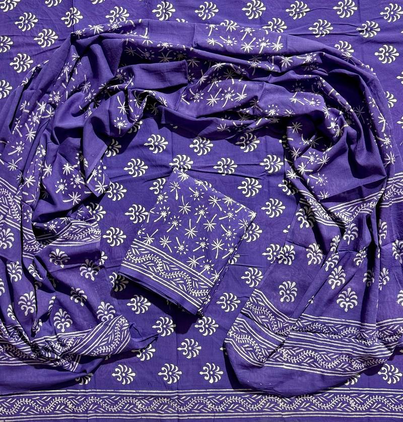 Blue hand block printed cotton suit with kota doriya dupatta