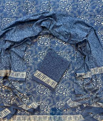 Blue hand block printed cotton suit with kota doriya dupatta 1
