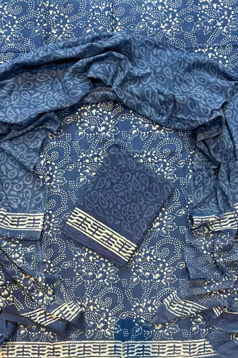 Blue hand block printed cotton suit with kota doriya dupatta
