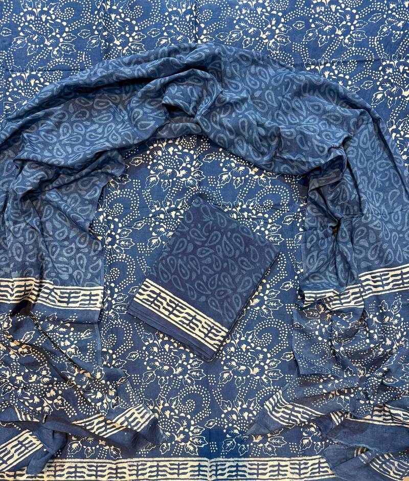 Blue hand block printed cotton suit with kota doriya dupatta