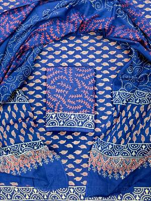 Blue hand block printed cotton suit with kota doriya dupatta 1