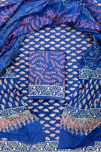 Blue hand block printed cotton suit with kota doriya dupatta