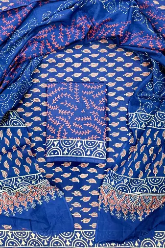 Blue hand block printed cotton suit with kota doriya dupatta