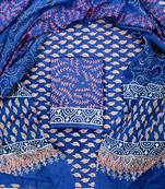 Blue hand block printed cotton suit with kota doriya dupatta