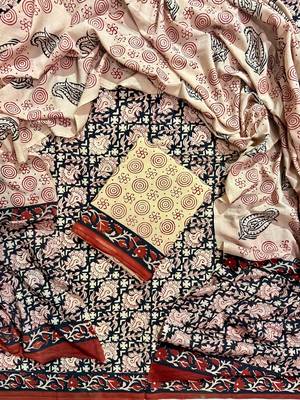 Beige hand block printed cotton suit with kota doriya dupatta 1