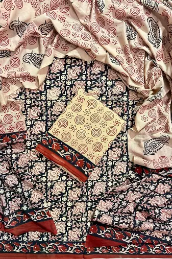 Beige hand block printed cotton suit with kota doriya dupatta