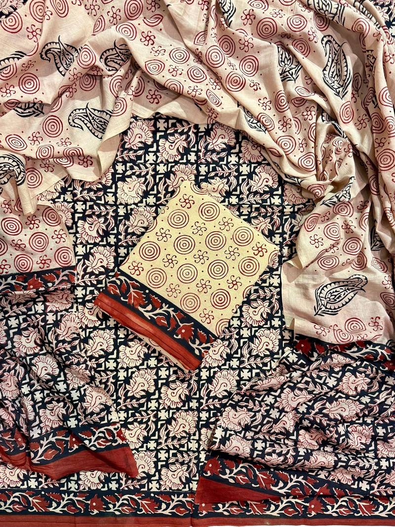 Beige hand block printed cotton suit with kota doriya dupatta