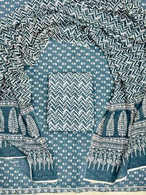 Green hand block printed cotton suit with kota doriya dupatta 1
