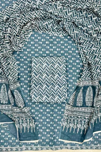 Green hand block printed cotton suit with kota doriya dupatta