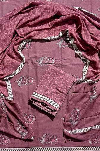 Brown hand block printed cotton suit with kota doriya dupatta