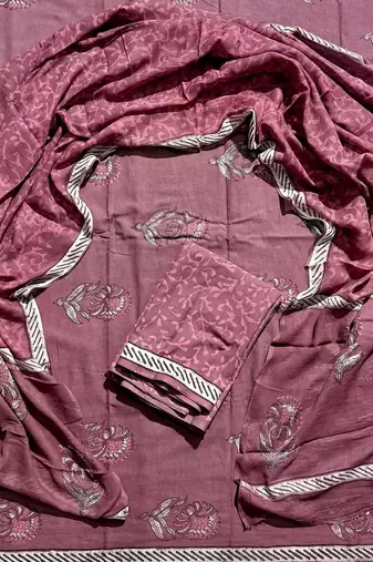 Brown hand block printed cotton suit with kota doriya dupatta