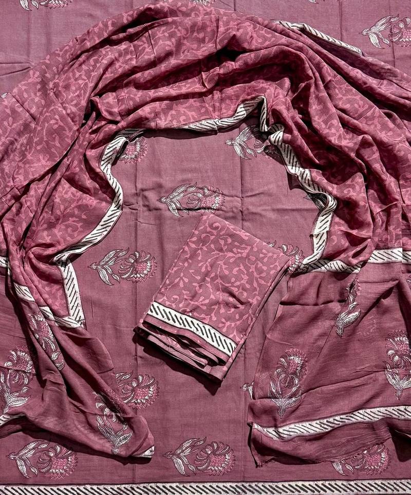 Brown hand block printed cotton suit with kota doriya dupatta