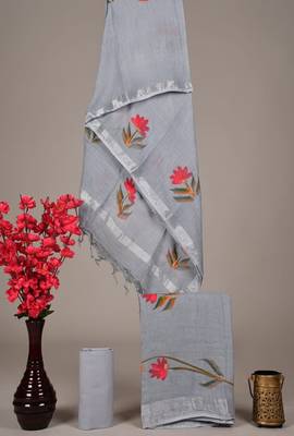 Grey bagru hand block printed linen suits with zari border 1