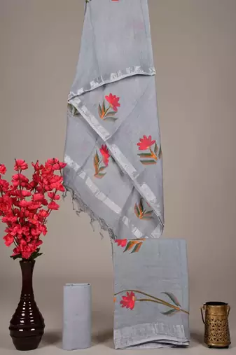 Grey bagru hand block printed linen suits with zari border