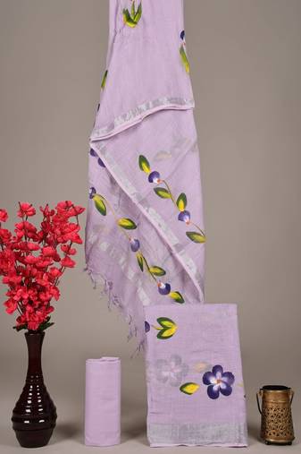 Light purple bagru hand block printed linen suits with zari border